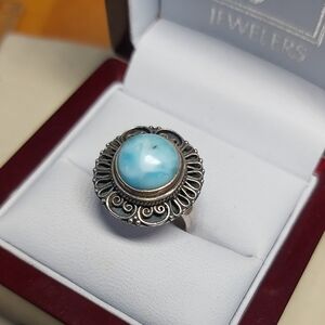Vintage 925 Sterling Silver Larimar Ring Boho Scroll Setting Size 6